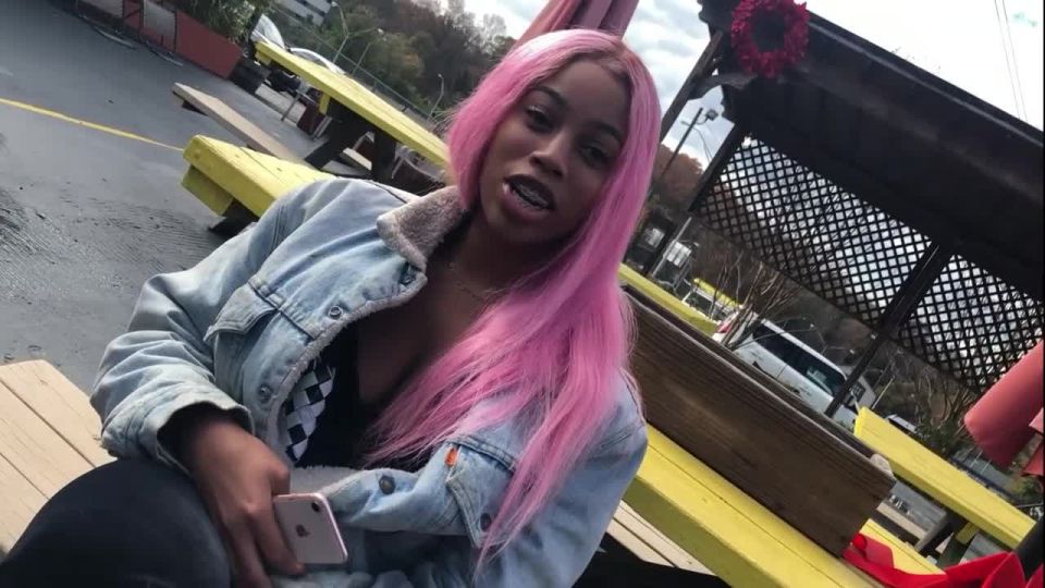 Big boobs of black girl with pink hair