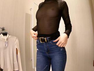 [Amateur] Sexy teen with small tits try-on haul slim blouses, pullovers in dressing room.-0