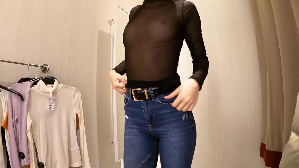 [Amateur] Sexy teen with small tits try-on haul slim blouses, pullovers in dressing room.