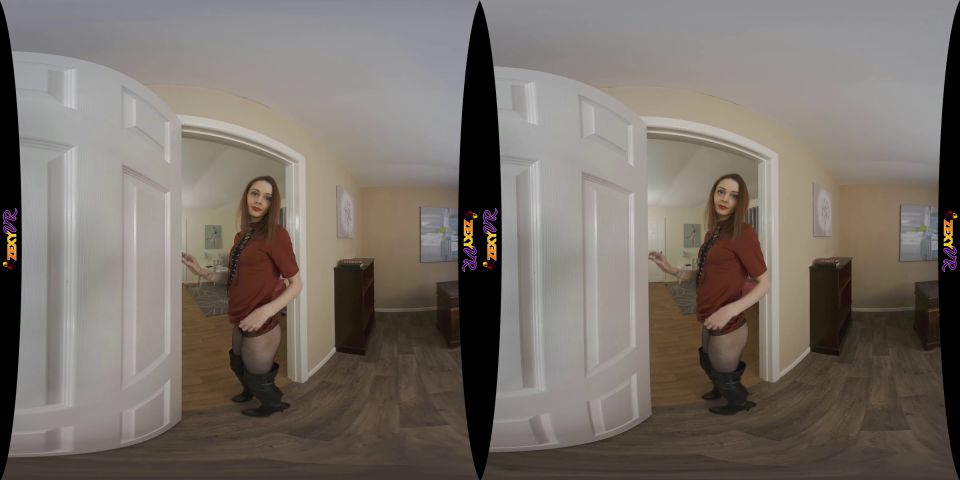 VR Housewife Strips Off In Doorway Showing Her Tiny Boobs & Shaven Puss