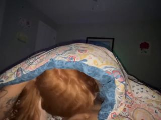 Sexy redhead girlfriend sucking dick under cover while watching TV - Amateur-9