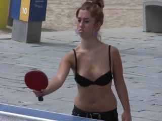 Teen playing table tennis with small bra and show her puffy  nipples-1