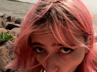 Cute pink hair teen gets oral creampie at the beach-5