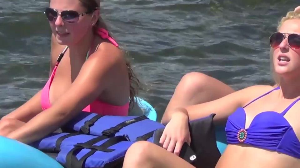 Hot girls on paddle boat notice the  voyeur