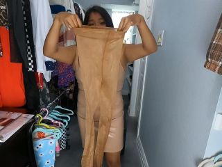 Trying On Suntan Pantyhose Shinny Leg Fetish In Leather Dress-3