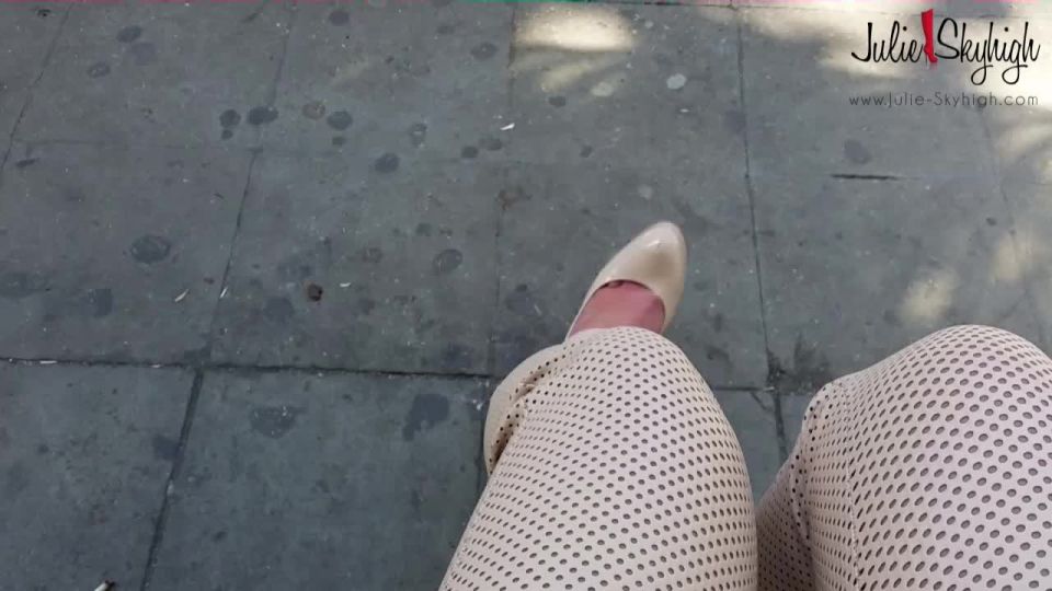 Julie Skyhigh, Pantyhose, Stockings, Leggings - Beige leather pant busstop with beige heels MPEG4 [foot fetish]