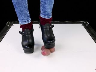 Ballbusting cock trampling and CBT in high heel boots Shoejob Sockjob POV-0