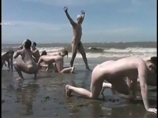 Bunch of nudists exercising on the beach Nudism!-4