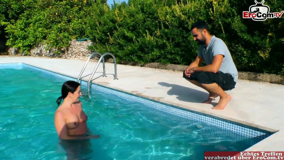 Natural German Brunette Teen Fucks A Strange Guy Outside By The Pool On 