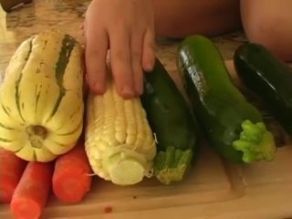 Cucumber and carrots, corn and pumpkin – teen girl masturbate wildly fisting -4