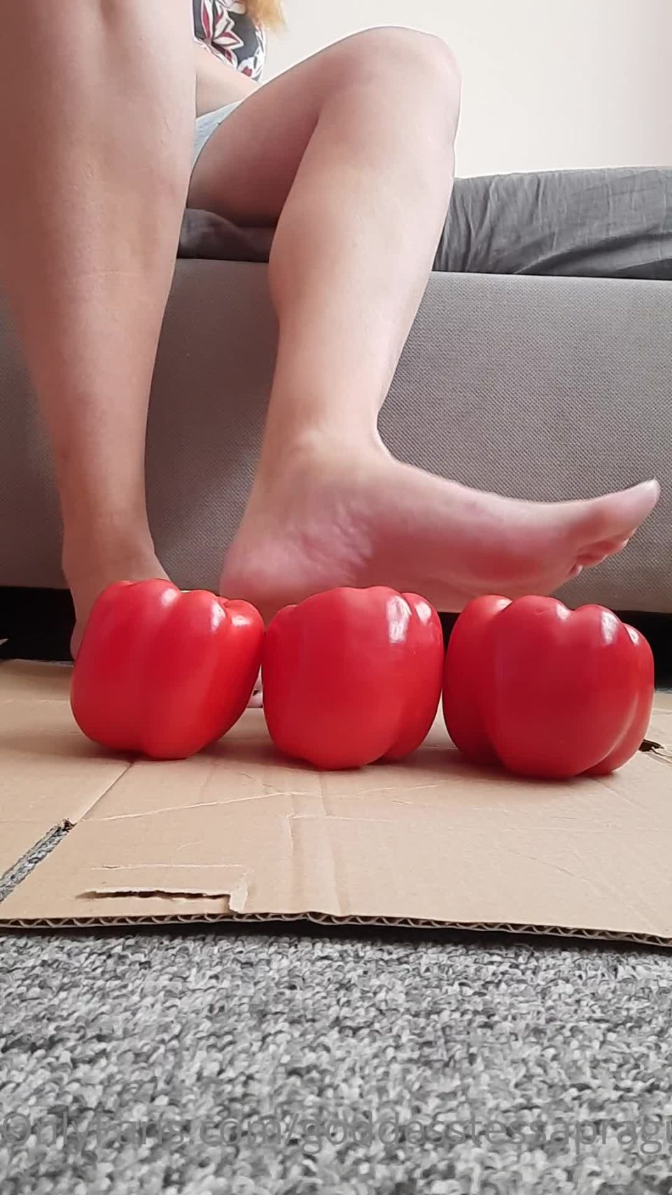 adult clip 39 bra fetish femdom porn | Onlyfans: Goddess Tessa - 45 Size Feet Goddess - Destroying 3 Peppers With 1 Step And Smashing It Completly | femdom